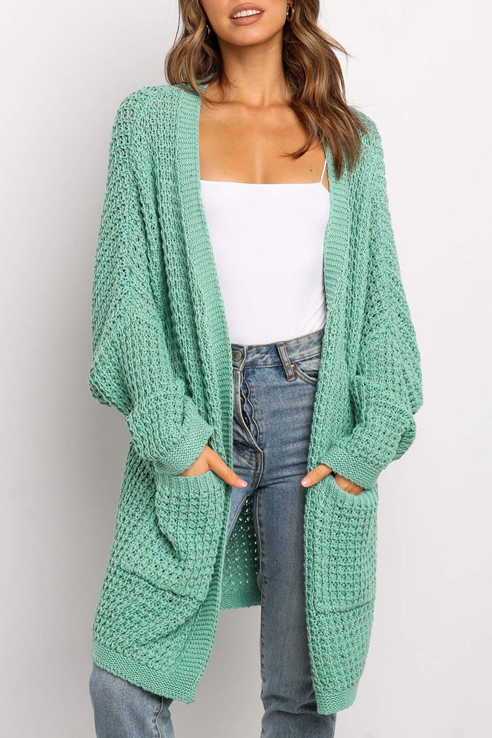 Long Line Open Front Knitted Cardigan With Pockets | Green