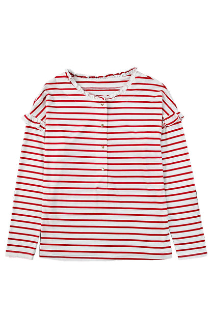 Striped Print Ruffled Buttoned Long Sleeve Top | Red