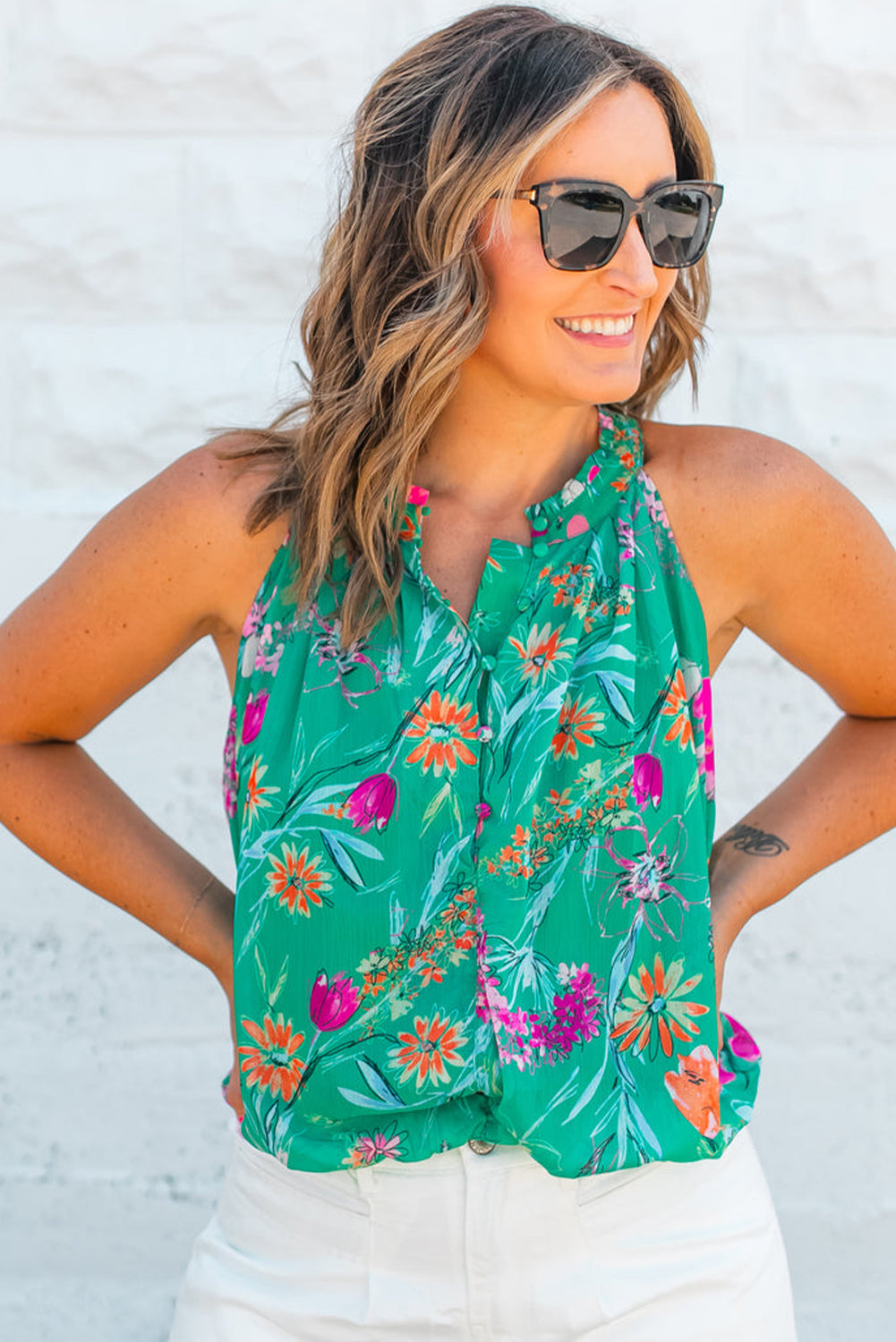 Floral Print Buttoned Neckline Tank Top | Bright Green