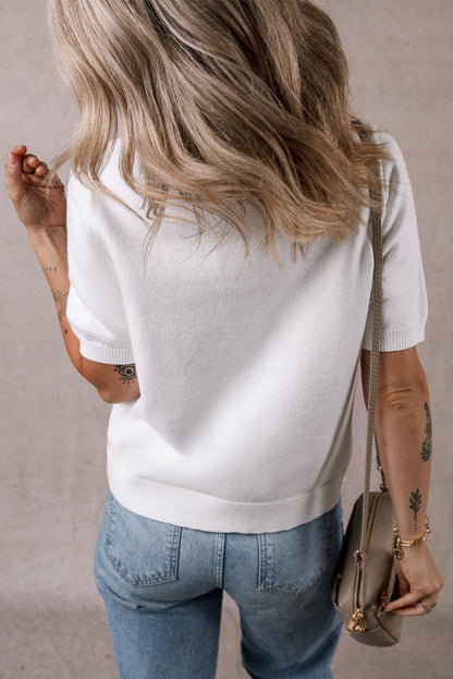 Gold Buttons Textured Sweater T Shirt | White