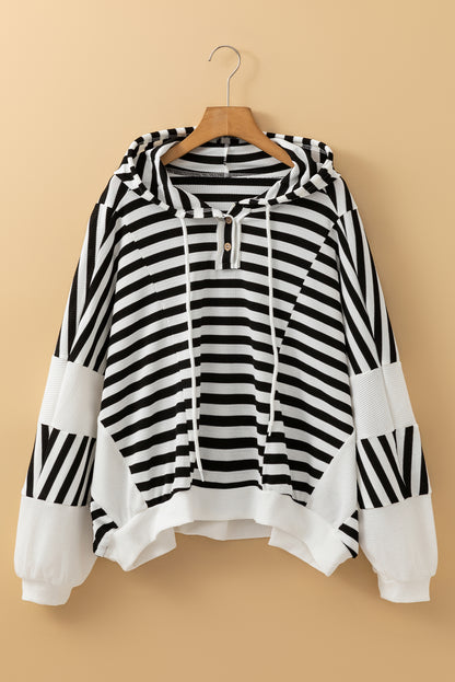 Black White Oversized Striped Henley Buttons Dolman Sleeve Hooded Top | Black white