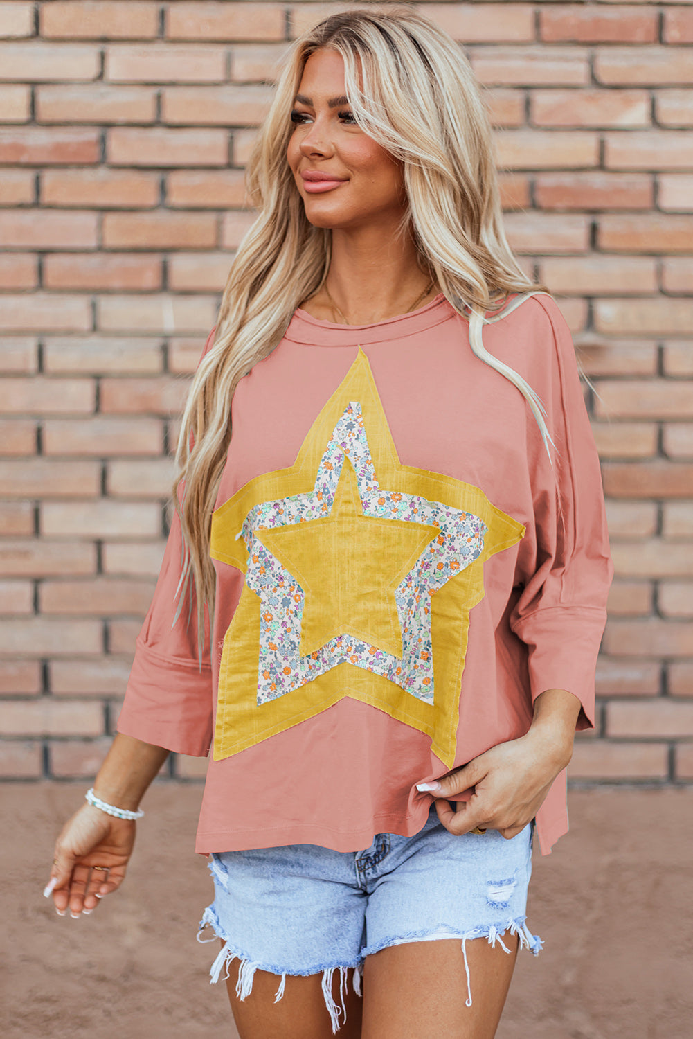 Floral Starbust Exposed Seam Mineral Wash Top | Rose Tan