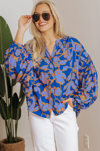 Floral Print Batwing Sleeve Buttoned Loose Fit Shirt | Blue