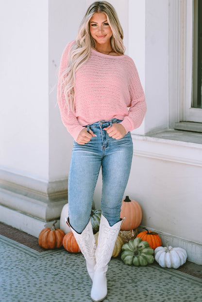 Knitted Eyelets Round Neck Long Sleeve Top | Pink