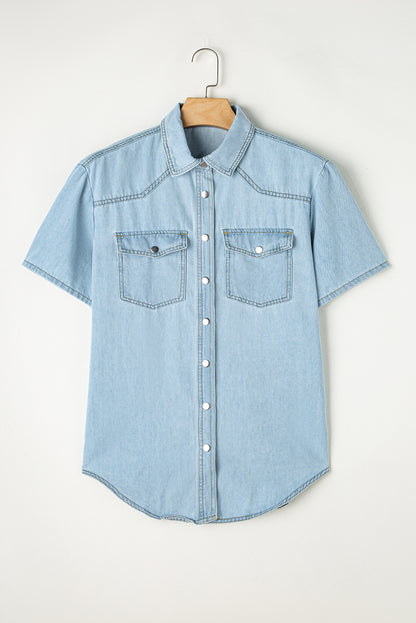 Vintage Light Wash Flap Pockets Rounded Hem Shirt | Mist Blue