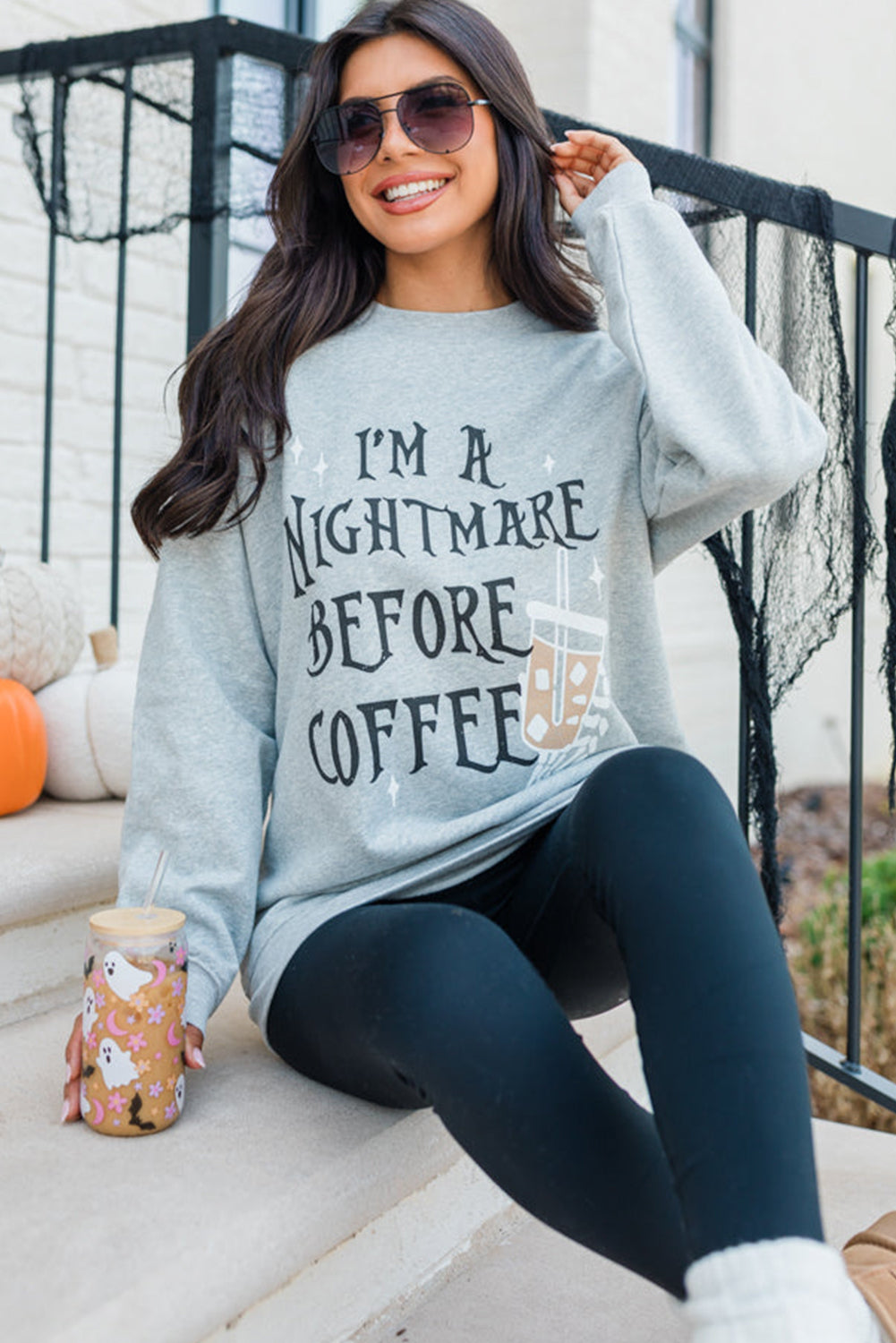 I'M A Nightmare Before Coffee Graphic Crewneck Sweatshirt | Gray