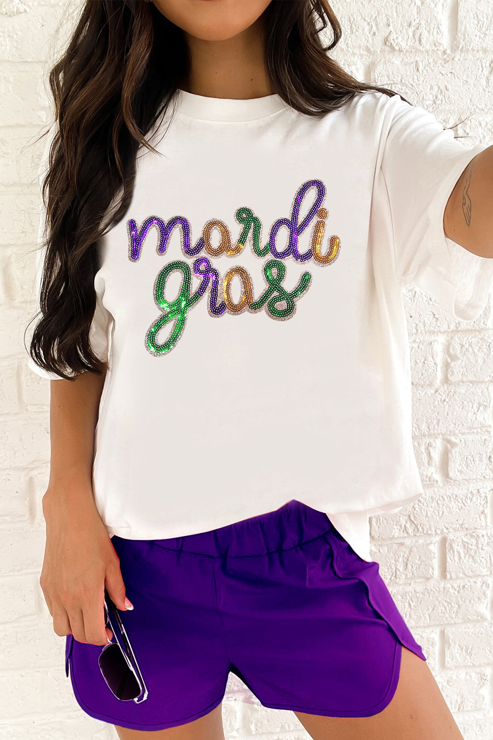 Sequin Mardi Gras Graphic T Shirt | White