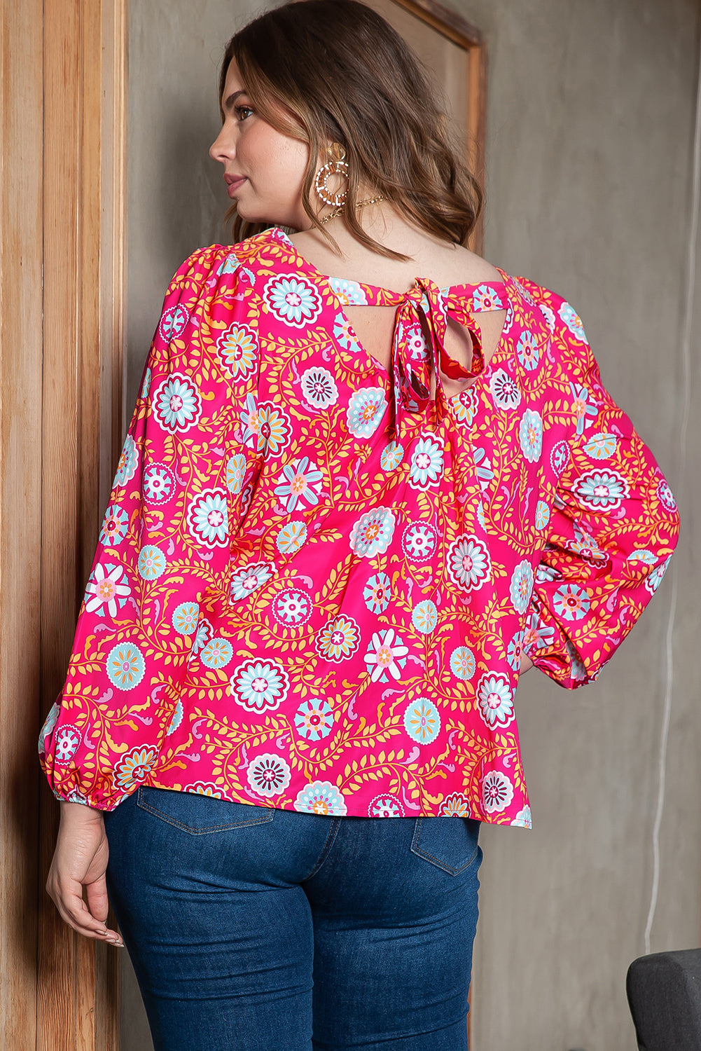 Pink Plus Size Square Neck Floral Blouse | Strawberry Pink