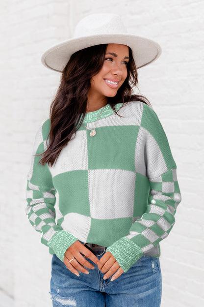 Checkered Print Drop Shoulder Sweater | Mint Green