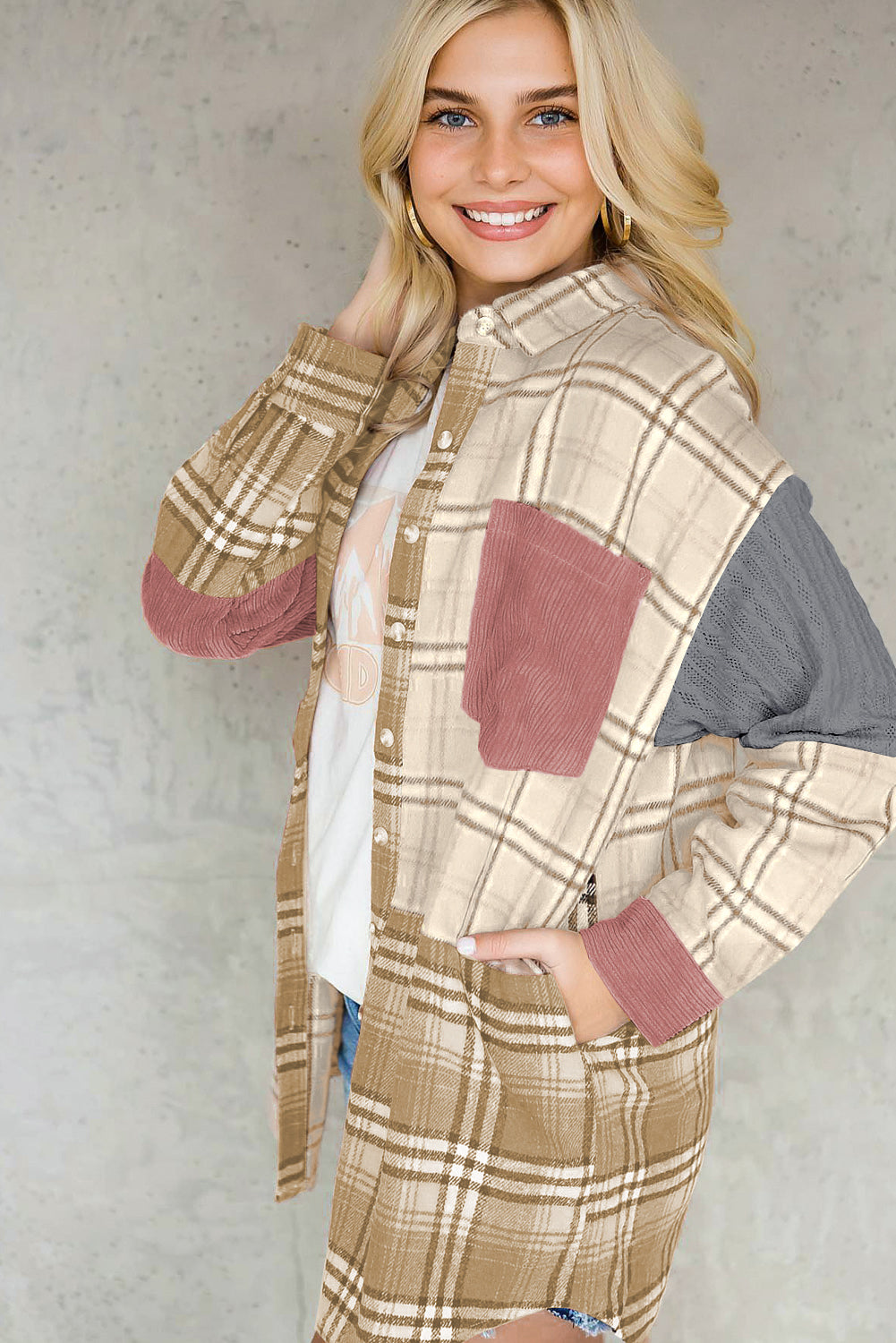 Plaid Colour Block Patchwork Shirt Jacket With Pocket | Pink