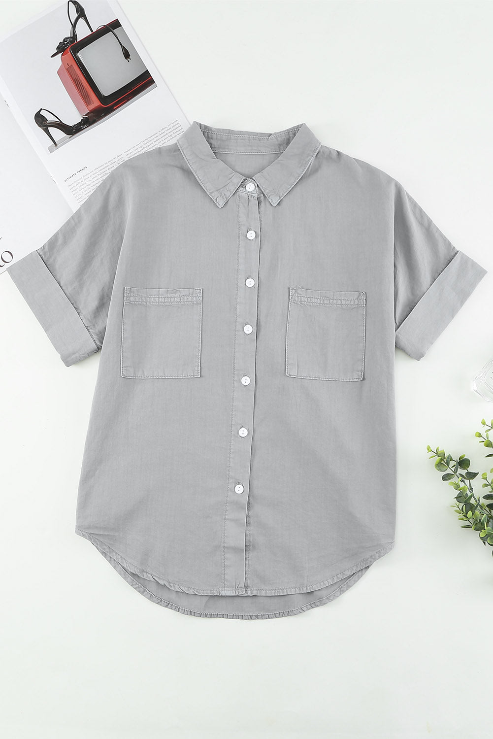 Turn-Down Collar Short Sleeve Denim Shirt | Black