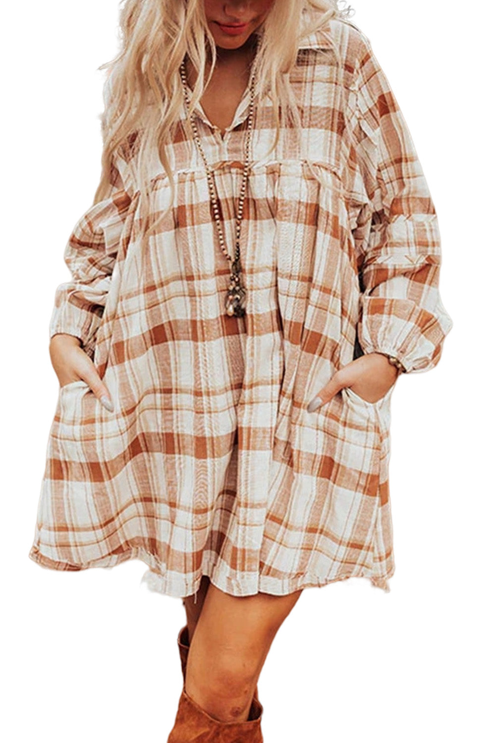 Plaid Print Side Pockets Frilled Babydoll Mini Dress | Brown