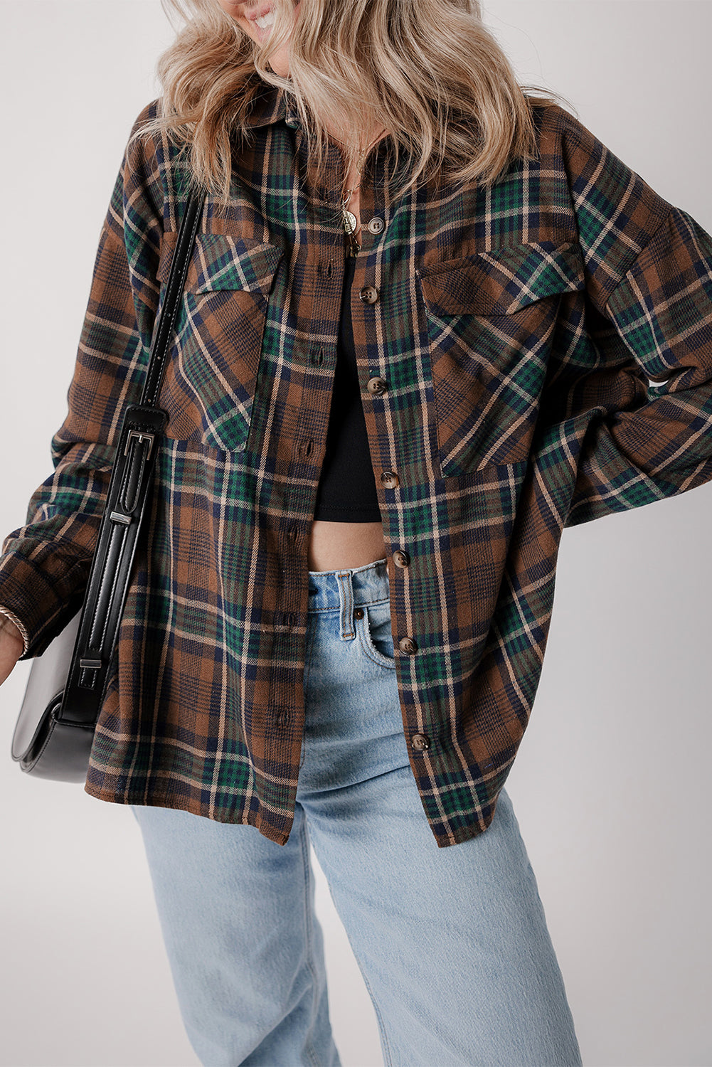 Plaid Print Chest Pockets Buttoned Shirt Jacket | Brown