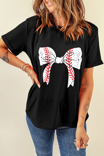 Baseball Bowknot Graphic Casual Tee | Black