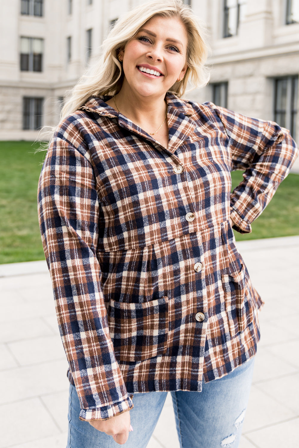 Plaid Print Button-Up Turn Down Collar Plus Size Coat | Yellow