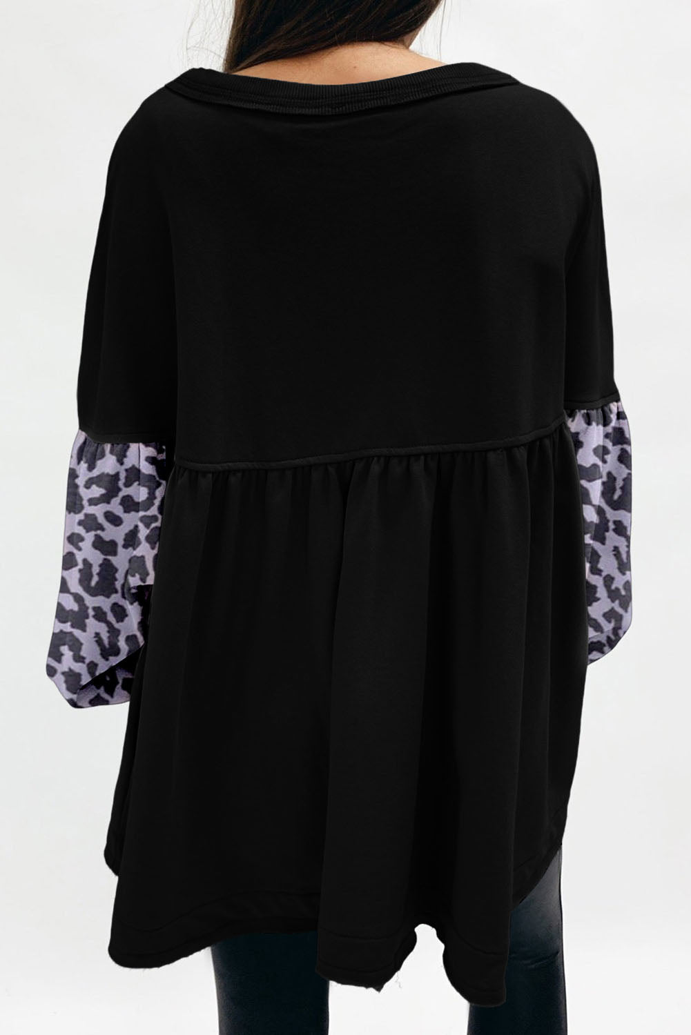 Leopard Splicing Sleeve Ruffle Loose Sweatshirt | Black