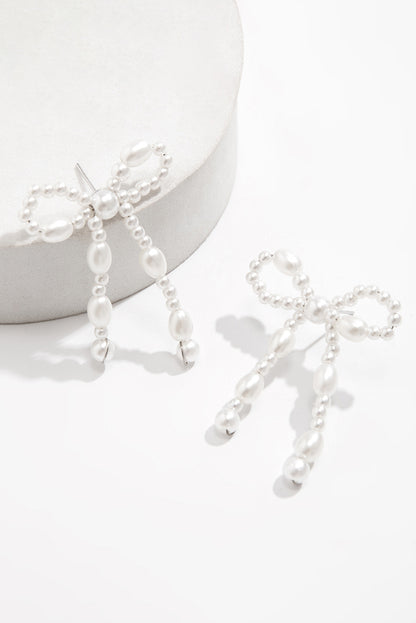 Pearl Beaded Bowknot Studded Earrings | White