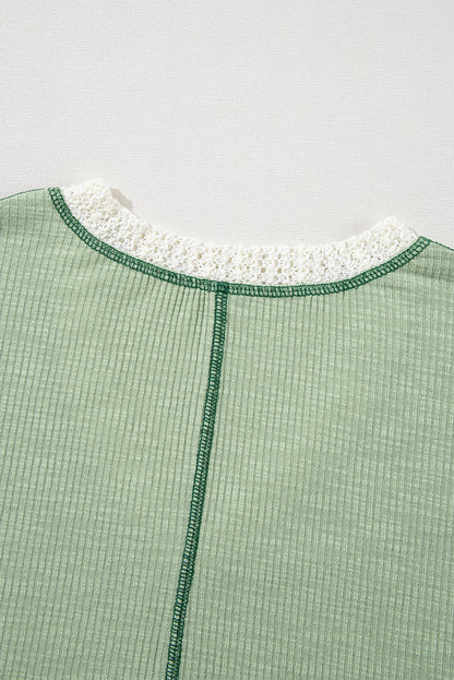 Crochet Detail Exposed Seam High Low Loose Top | Grass Green