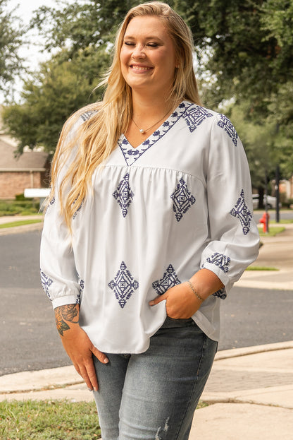 Boho Geometric Print V Neck Bracelet Sleeve Plus Size Blouse | White