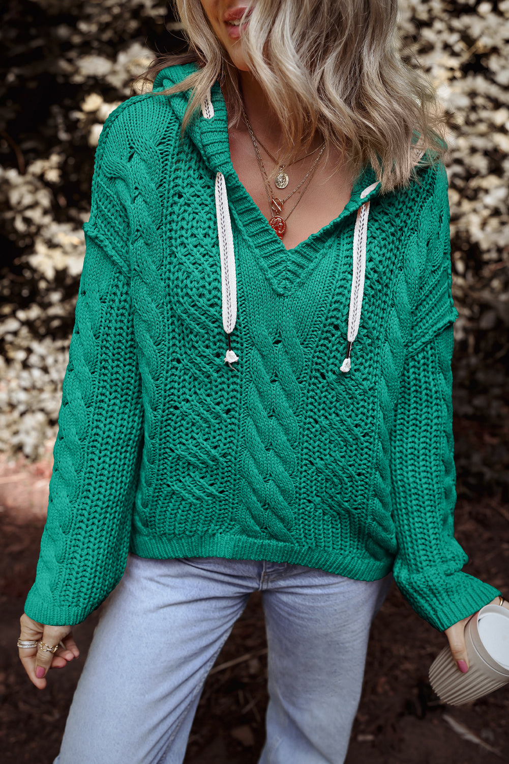 Cable Knit V Neck Contrast Drawstring Hooded Sweater | Sea Green