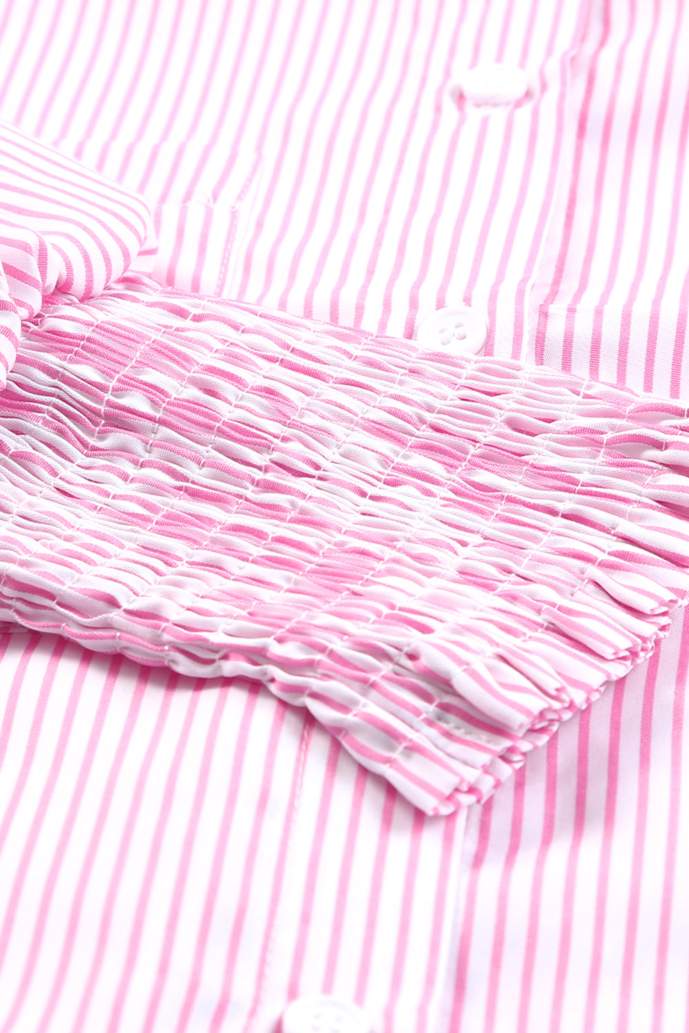 Smocked Cuffed Striped Boyfriend Shirt With Pocket | Pink