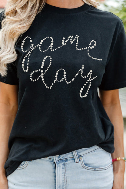 Shiny Rhinestone Game Day Pattern Crewneck T Shirt | Black