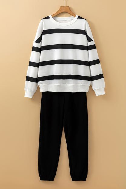 Drop Shoulder Pullover And Jogger Pants Set | Black Stripe