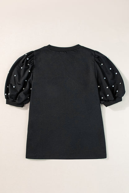 Rhinestone Pearl Puff Half Sleeve Top | Black