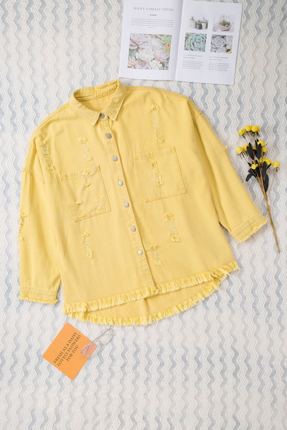 Distressed Fringe Trim Denim Jacket | Yellow