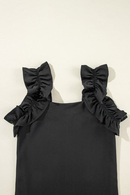 Solid Ruffle Trim Sleeveless Top | Black