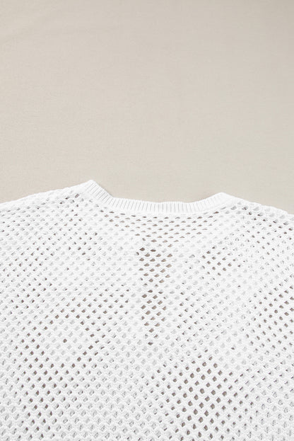 Open Knit Buttoned Neck Split Sleeve Sweater | White