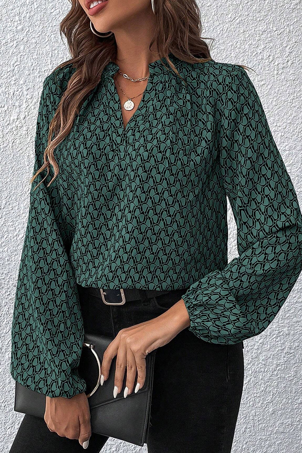 Geometric Print Notched Neck Puff Sleeve Blouse | Green