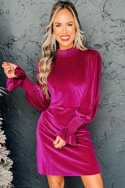 Smocked Mock Neck Ruffled Puff Sleeve Velvet Mini Dress | Rose Red