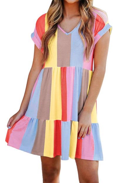 Fiery  Multicolour Striped Colour Block Tiered Mini Dress | Red