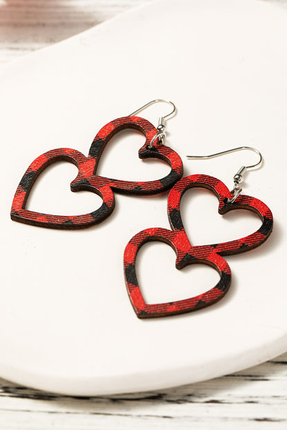 Valentines Day Plaid Double Love Heart Wooden Earrings | Fiery Red