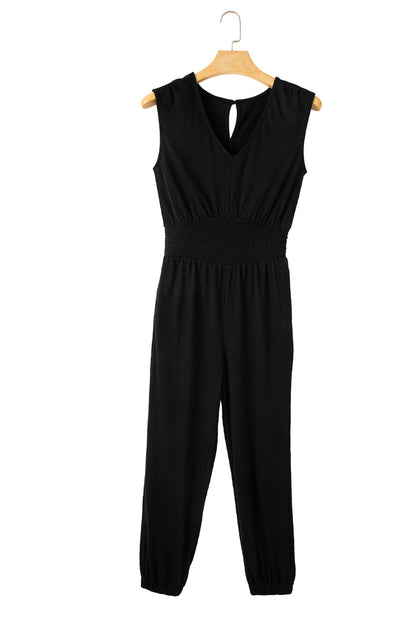 Shirred High Waist Sleeveless V Neck Jumpsuit | Black