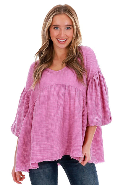 Crinkle Bubble Sleeve Raw Hem Babydoll Blouse | Pink