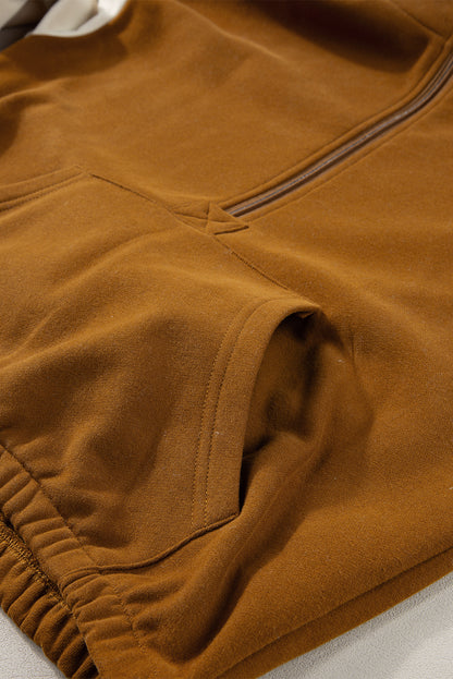 Colour Block Half Zip Kangaroo Pocketed Hoodie | Chestnut