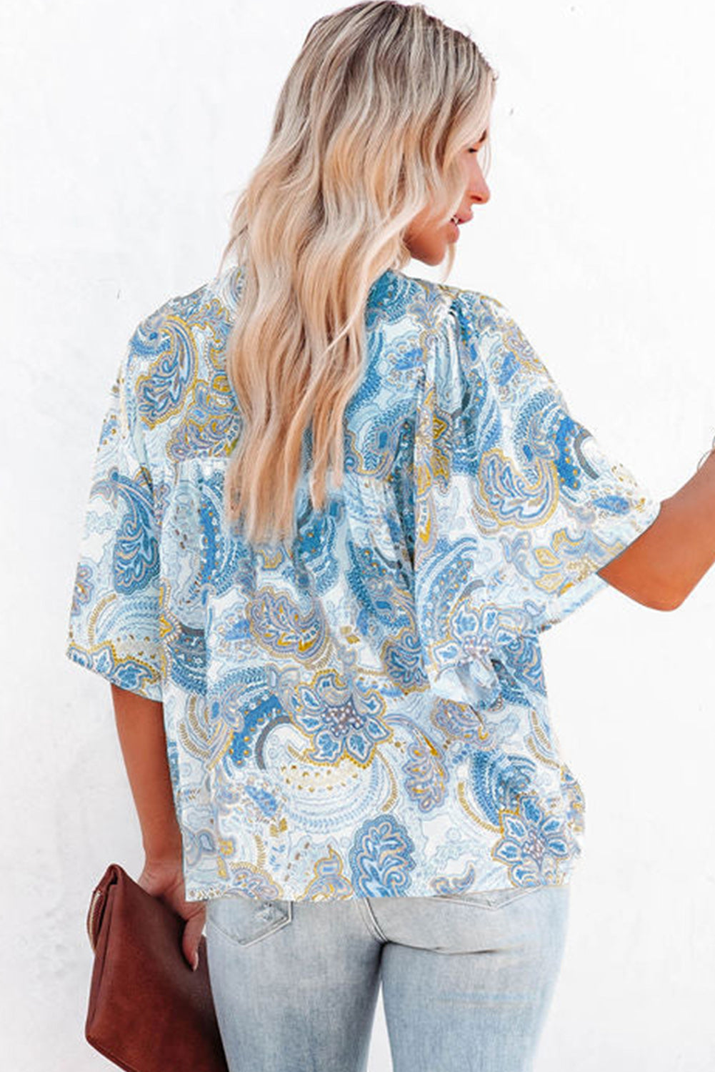 Paisley Print Wide Sleeves Loose Blouse | Sky Blue