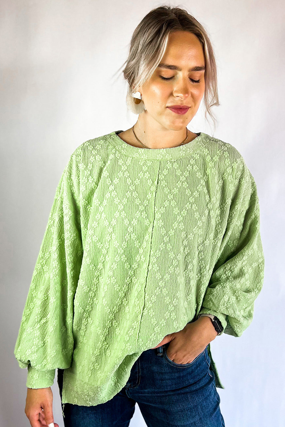 Solid Colour Textured Side Split Crew Neck Blouse | Light Green