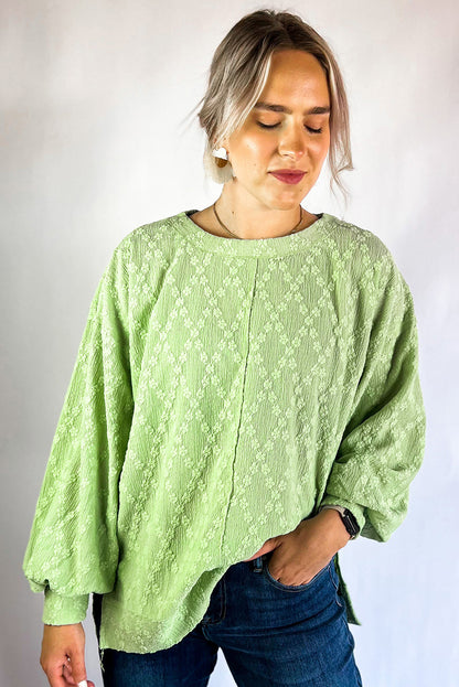 Solid Colour Textured Side Split Crew Neck Blouse | Light Green