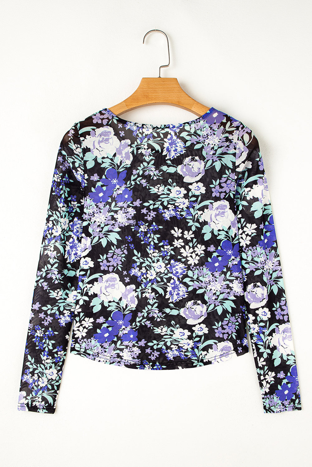 Floral Print Mesh Fitted Long Sleeve Top | Black