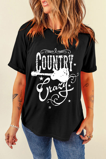 Country Music Crazy Print Crew Neck T Shirt | Black