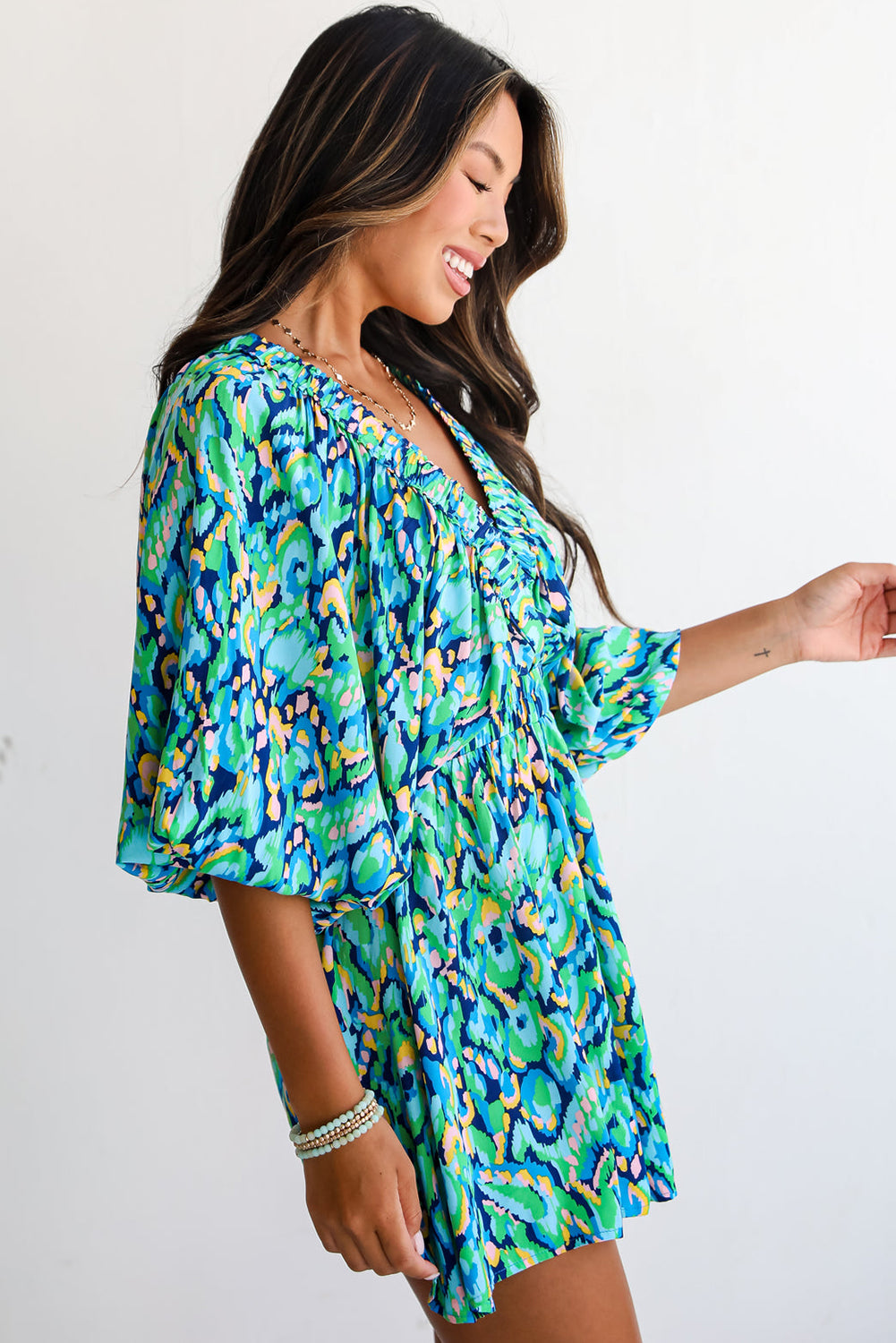 Abstract Print Puff Sleeve V Neck High Waist Romper | Green