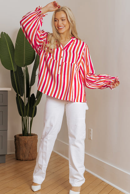 Balloon Sleeve Notched V Neck Buttoned Front Blouse | Orange Stripe