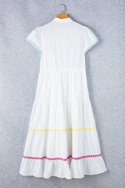 Colourblock Rickrack Trim Short Sleeve Drawstring Waist Long Dress | White