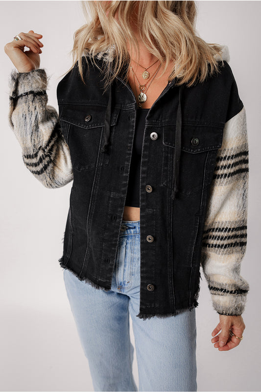 Black Plaid Sleeve Frayed Hem Hooded Denim Jacket