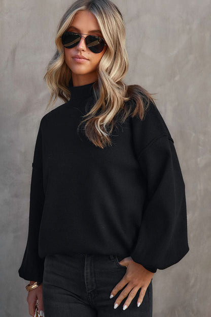 Turtleneck Drop Shoulder Bubble Sleeve Knit Sweater | Black