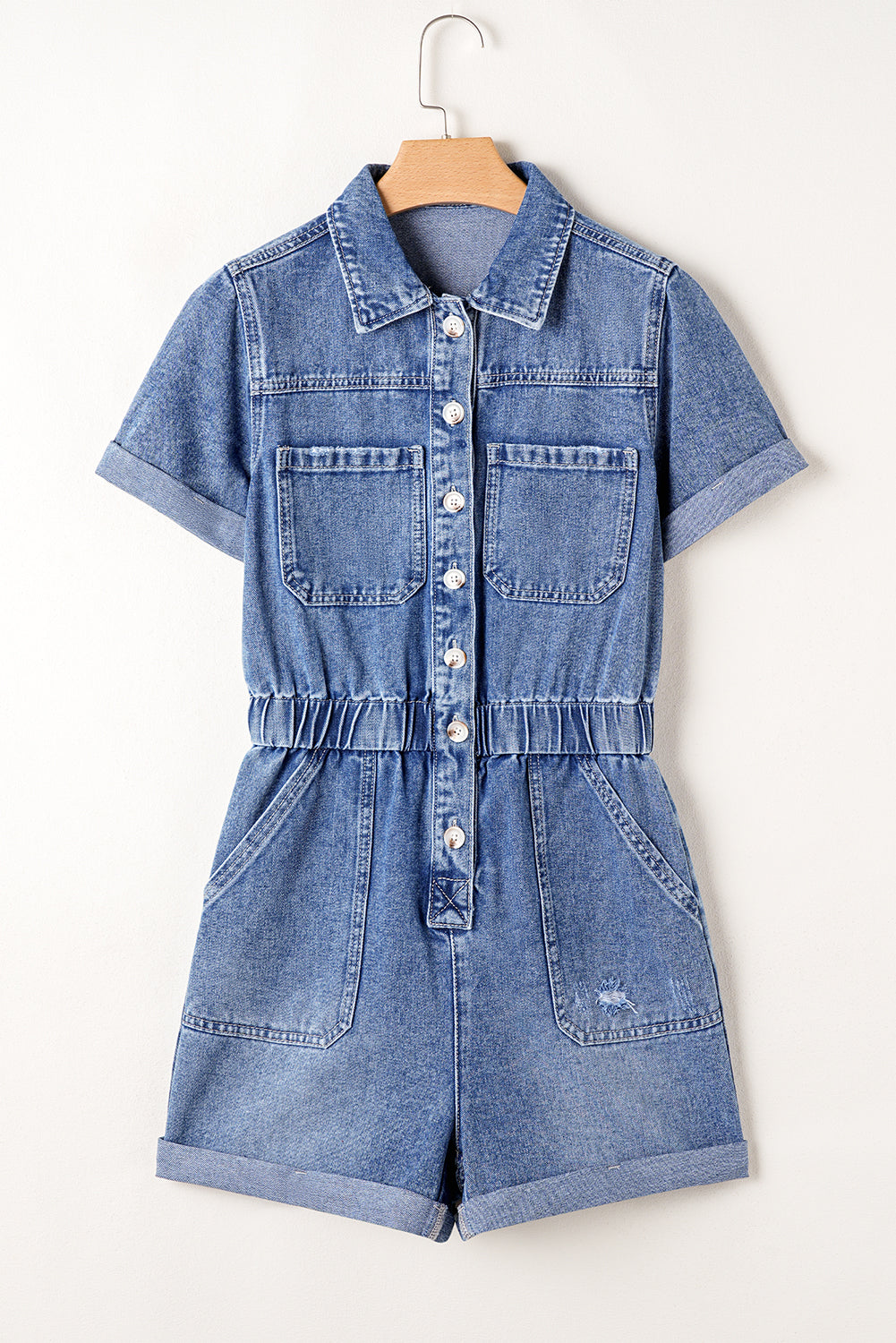 Chest Pocket Front Buttoned Folded Edge Denim Short Sleeve Romper | Dusk Blue