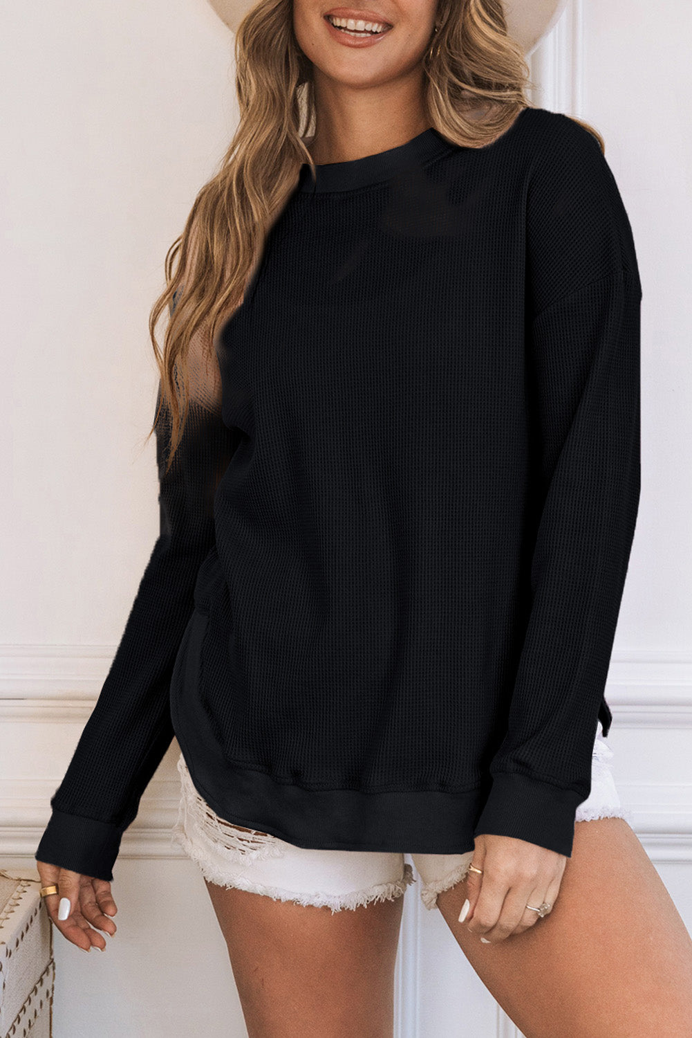 Crew Neck Ribbed Trim Waffle Knit Top | Black